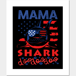 Mama Shark American Flag July Of 4th Posters and Art